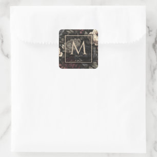Donkerblauwe & bordeauxrode sombere bloemen vierkante sticker
