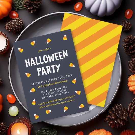 Donkerblauwe Candy Corn Halloween Party Uitnodigin Kaart