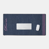 Donkerblauwe denim print, roze scriptnaam bureaumat (Keyboard & Muis)