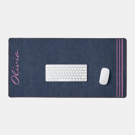 Donkerblauwe denim print, roze scriptnaam bureaumat (Keyboard & Muis)