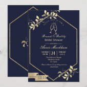 Donkerblauwe en champagne gouden bubbelbrunch kaart (Voorkant / Achterkant)