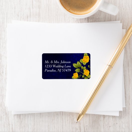 Donkerblauwe en gele rozenbruiloft etiket (Insitu)