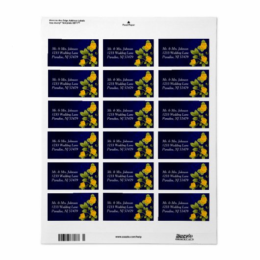Donkerblauwe en gele rozenbruiloft etiket (Full Sheet)