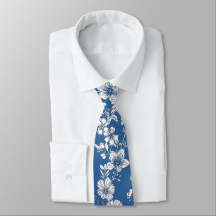 Donkerblauwe en witte chinoiserie bloemmotief  stropdas