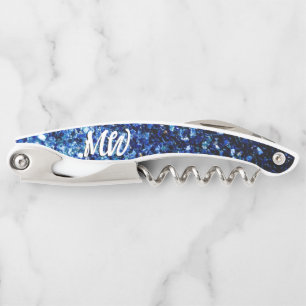 Donkerblauwe faux glitter fonkelt Monogram Kurkentrekker