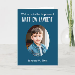 Donkerblauwe foto voorkant polka-dot gevouwen doop programma