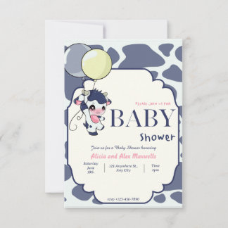 Donkerblauwe gele Koe met ballon baby shower Kaart