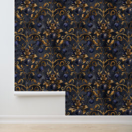 Donkerblauwe gouden bessen Royal Damask Golden Lea Behang