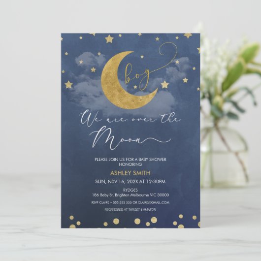 Donkerblauwe gouden We zijn over de maan Baby Show Kaart (Staand voorkant)