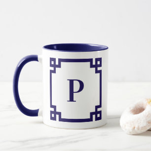 Donkerblauwe Griekse Sleutelrand Monogram Mok