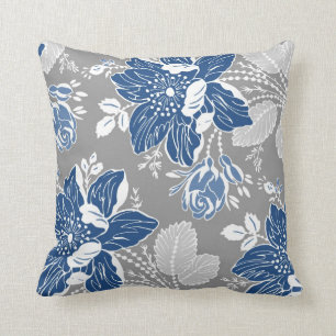 Donkerblauwe grijze witte bloem decoratieve kussen
