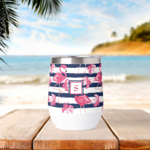 Donkerblauwe grunge strepen roze flamingo monogram