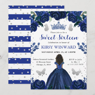 Donkerblauwe jurk Donkere huid Prinses Sweet 16 Kaart