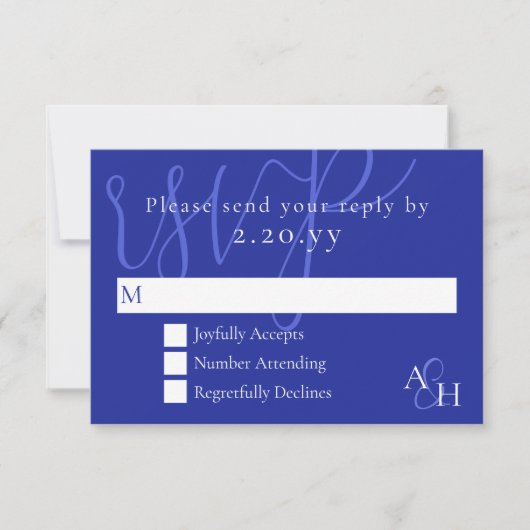 Donkerblauwe kalligrafie bruiloft RSVP Kaart (Voorkant)