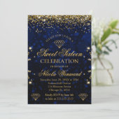 Donkerblauwe keh & goudglitter Sweet 16 Kaart (Staand voorkant)
