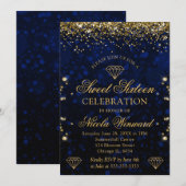Donkerblauwe keh & goudglitter Sweet 16 Kaart (Voorkant / Achterkant)