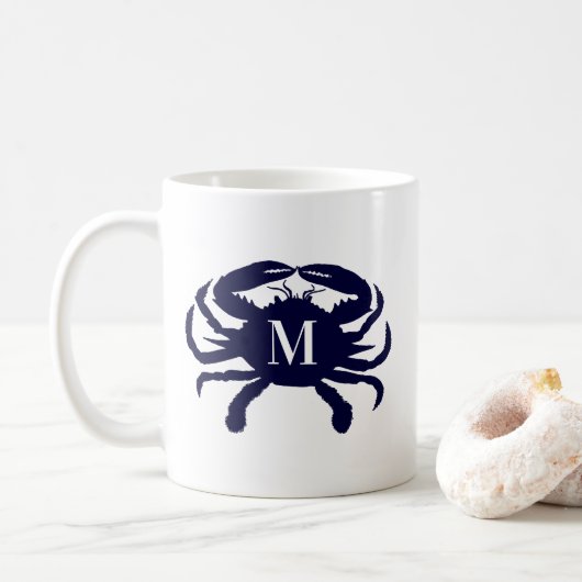 Donkerblauwe krab monogram koffiemok (Met donut)