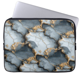 Donkerblauwe marmertextuur met vloeibare gouden ad laptop sleeve