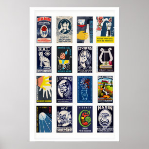 Donkerblauwe Matchbox Label Collage, Vintage Ephem Poster