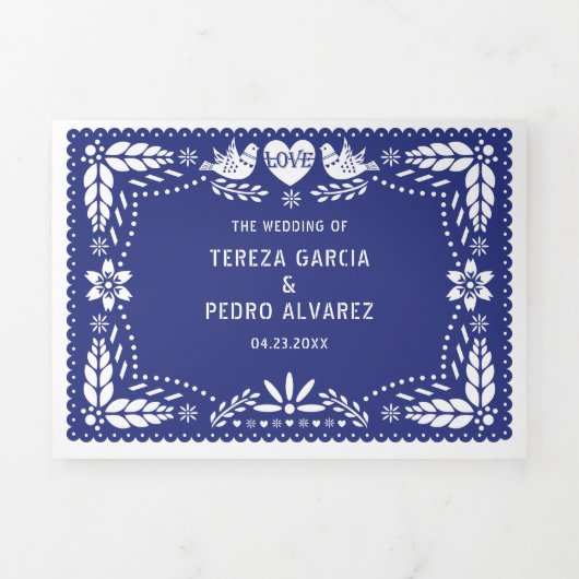Donkerblauwe papel picado liefde vogels bruiloft drieluik uitnodiging (Cover)
