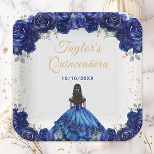 Donkerblauwe prinses Floral Quinceañera Papieren Bordje