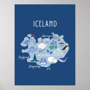 Donkerblauwe reisgids kaart van IJsland Poster