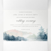 DONKERBLAUWE ROZE BERGEN DENNEN WATERVERF TROUW DRIELUIK UITNODIGING (Binnenkant midden)