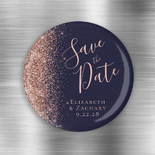 Donkerblauwe Roze Gouden Glitter Script Bewaar de  Magneet