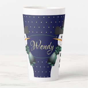 Donkerblauwe sneeuwman latte mok