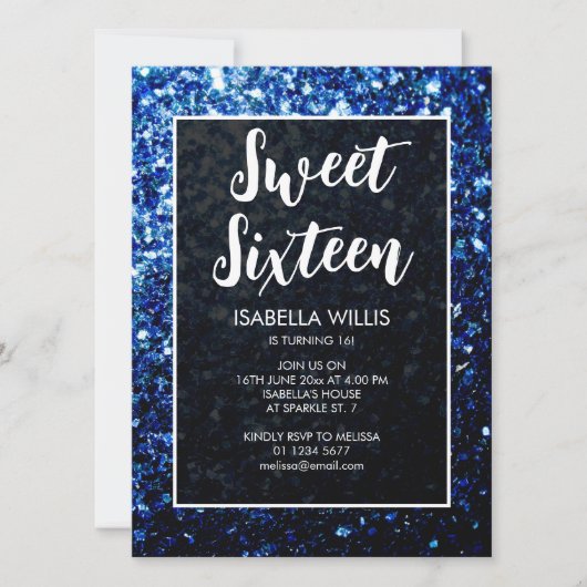 Donkerblauwe sparkles Sweet 16 elegant script Kaart (Voorkant)