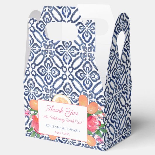 Donkerblauwe  Tegels Citrus Roze Trouwdouche Bedankdoosjes (Geopend)