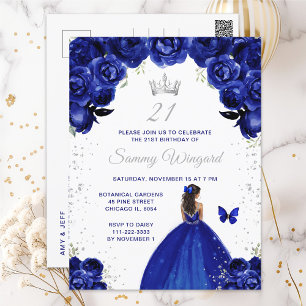 Donkerblauwe verjaardagsfeest prinses met donkere briefkaart