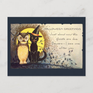 Donkerblauwe vriendelijke kat en uil vintage Hallo Briefkaart