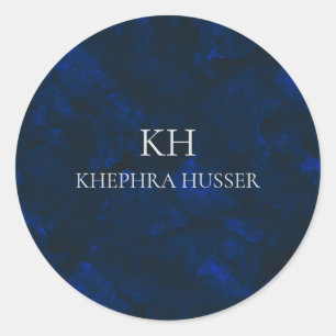 Donkerblauwe Waterverf monogram naam Ronde Sticker