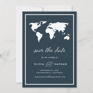 Donkerblauwe Wereldkaart   Elegant Travel Theme We Save The Date