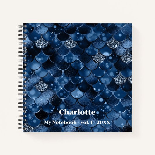 Donkerblauwe zeemeermin schalen naam notitieboek (Voorkant)