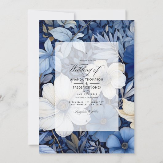 Donkerblauwe, Zilveren en Witte Bloemige Bruiloft Kaart (Voorkant)