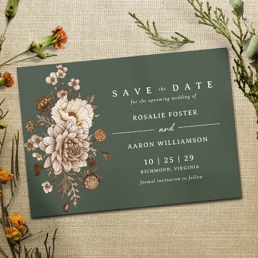 Donkerbos Groen Mos | Elegante bloementuin Save The Date