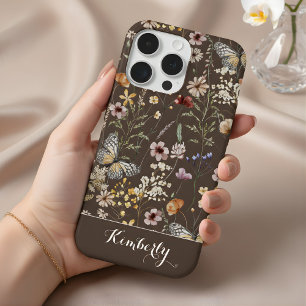 Donkerbruin Aquarel Wilde Bloemen Patroon Naam iPhone 15 Pro Hoesje