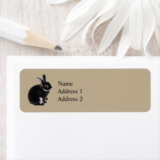 Donkerbruin en wit Mini Rex Konijn Etiket (Insitu)