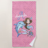 Donkerbruin haar Zeemeermin Aangepaste Naam Meisje Strandlaken (Voorkant)