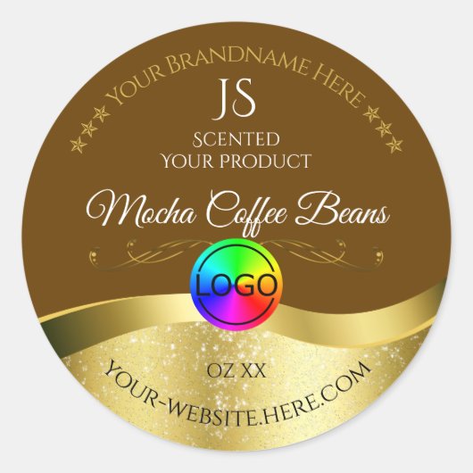 Donkerbruin Wavy Gold Logo Monogram Productlabel Ronde Sticker (Voorkant)