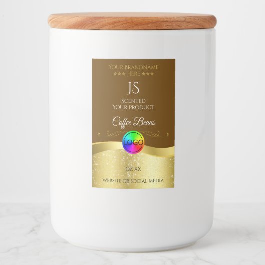 Donkerbruin Wavy Gold Logo Monogram Productlabel Voedselcontainer Etiket (Voorkant)