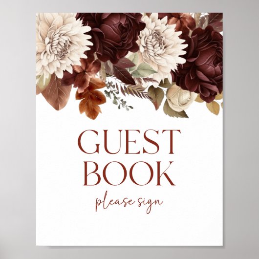 Donkerbruine Bourgogne Bloemen Guest Book Party Si Poster (Voorkant)