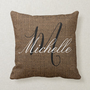 Donkerbruine Burlap look Monogram Gepersonaliseerd Kussen