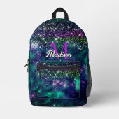 donkerdonkergroene paarse faux glitter monogram bedrukte rugzak (Voorkant)