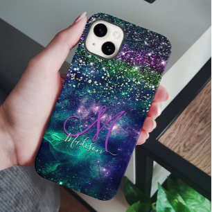 donkerdonkergroene paarse faux glitter monogram Case-Mate iPhone 14 hoesje