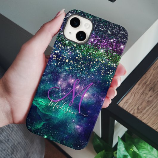 donkerdonkergroene paarse faux glitter monogram Case-Mate iPhone case