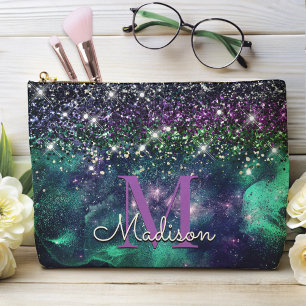 donkerdonkergroene paarse faux glitter monogram etui
