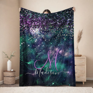 donkerdonkergroene paarse faux glitter monogram fleece deken